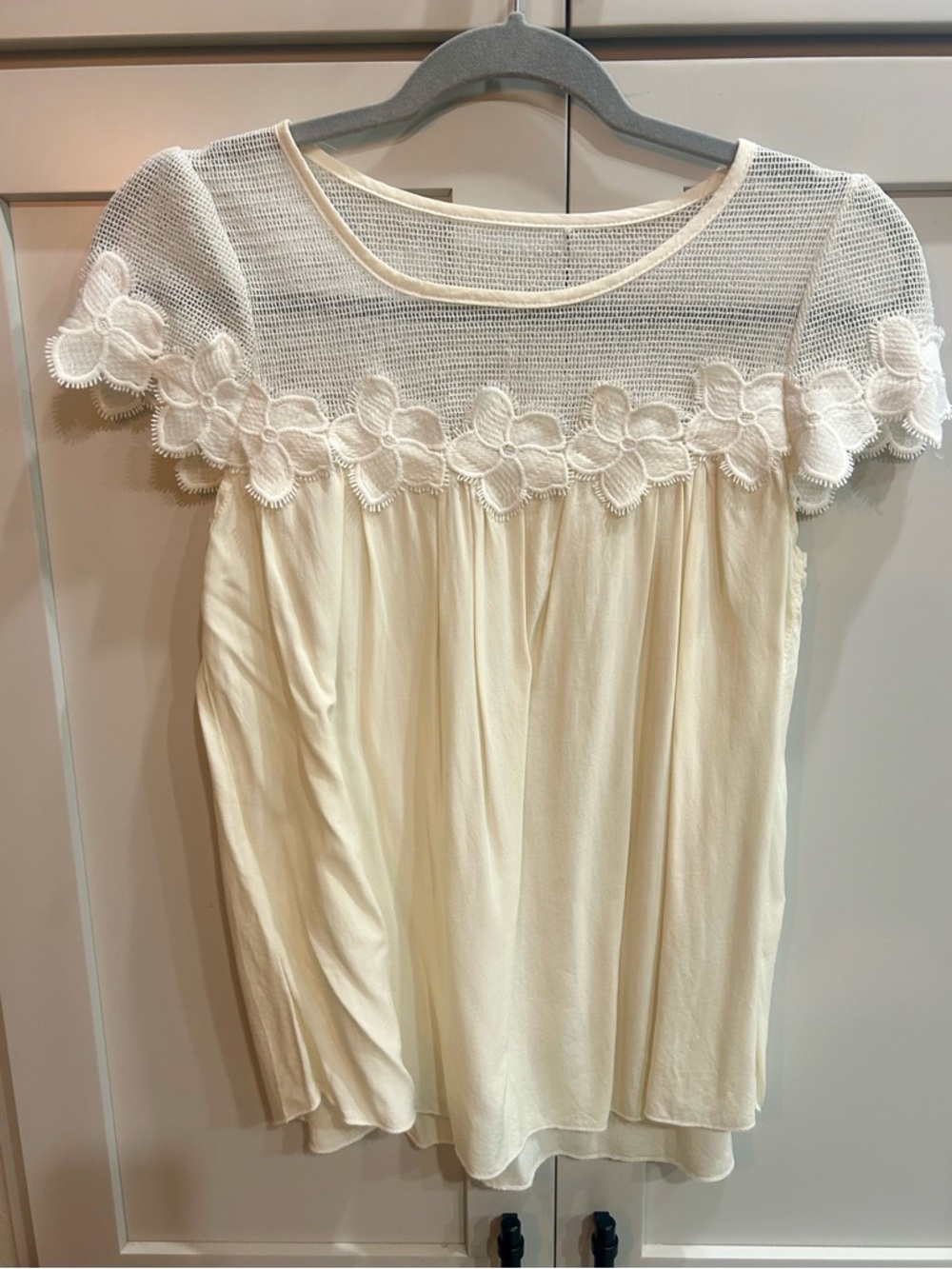 Cream Floral Lace Yoke Short Sleeve Blouse small coquette cottagecore